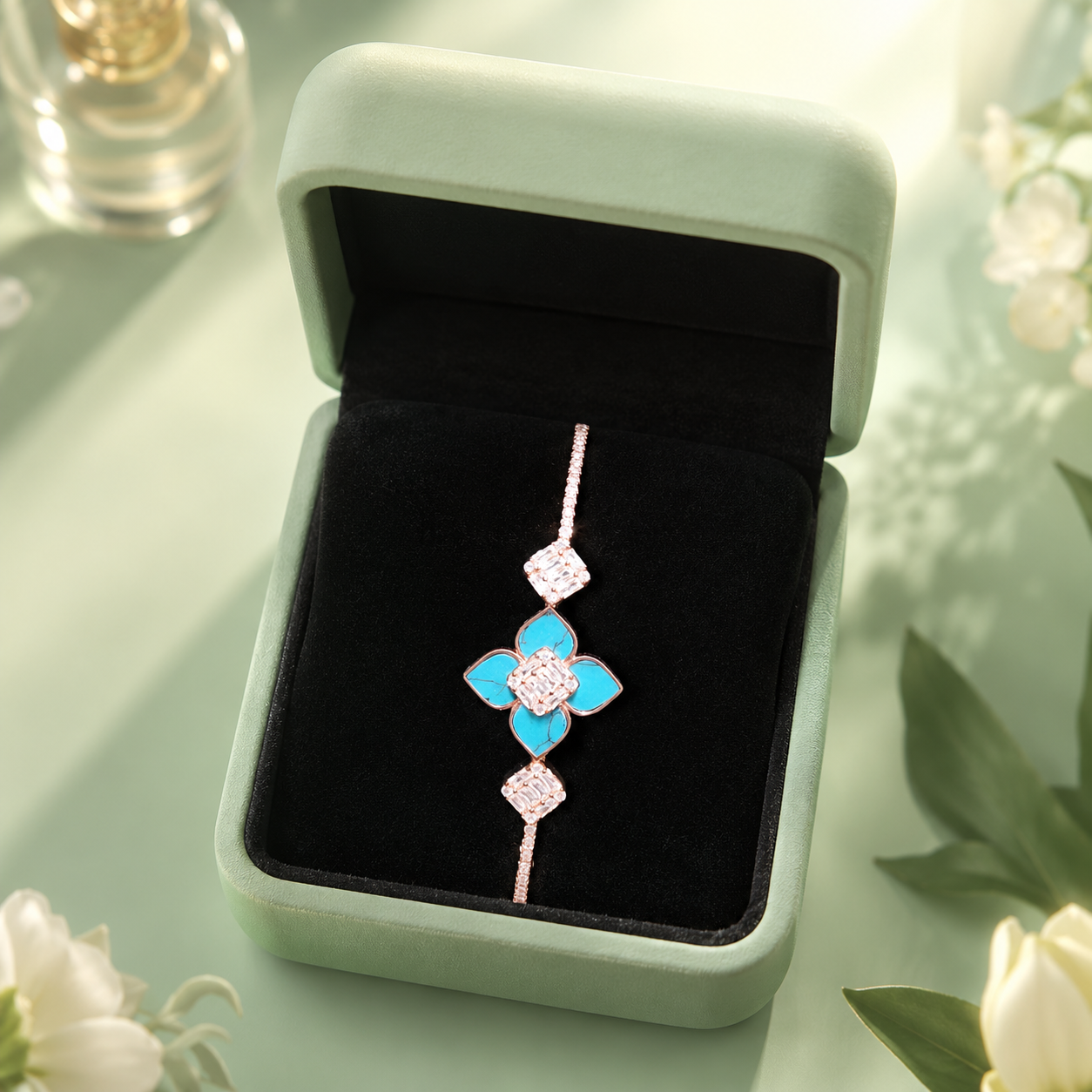 Turquoise Floral Rose Gold 925 Sterling Silver Bracelet for Women SBR2621