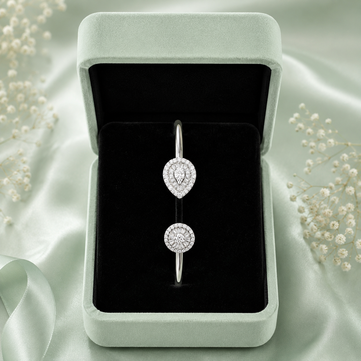Pure 925 Sterling Silver Dual Motif Bracelet for Women – Elegant Diamond Look Open Cuff SBR2538