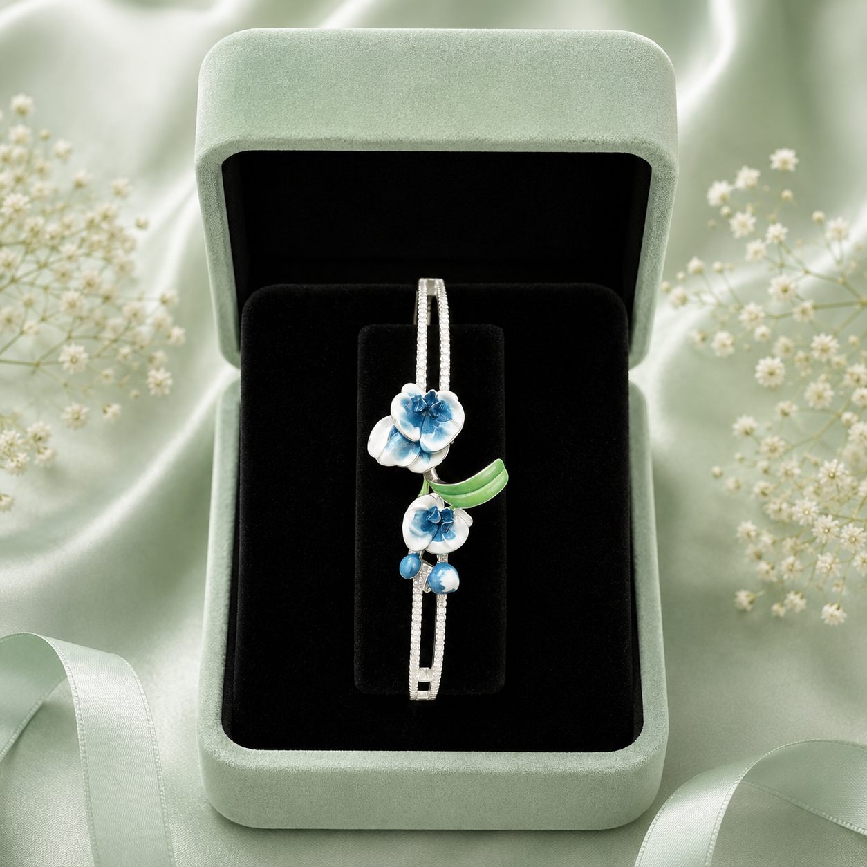 Pure 925 Sterling Silver Blue Floral Bracelet for Women – Elegant Enamel Designer Bracelet SBR2582
