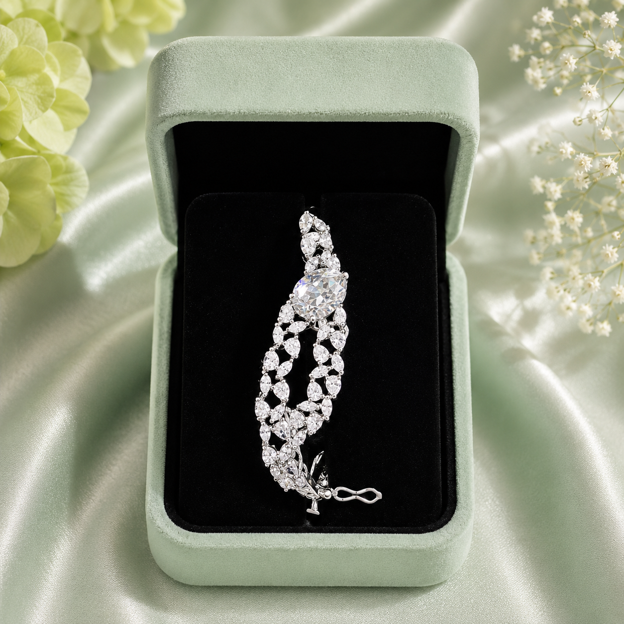 Luxury Statement Crystal Leaf Designer Bracelet for Women – 925 Sterling Silver SBR2598
