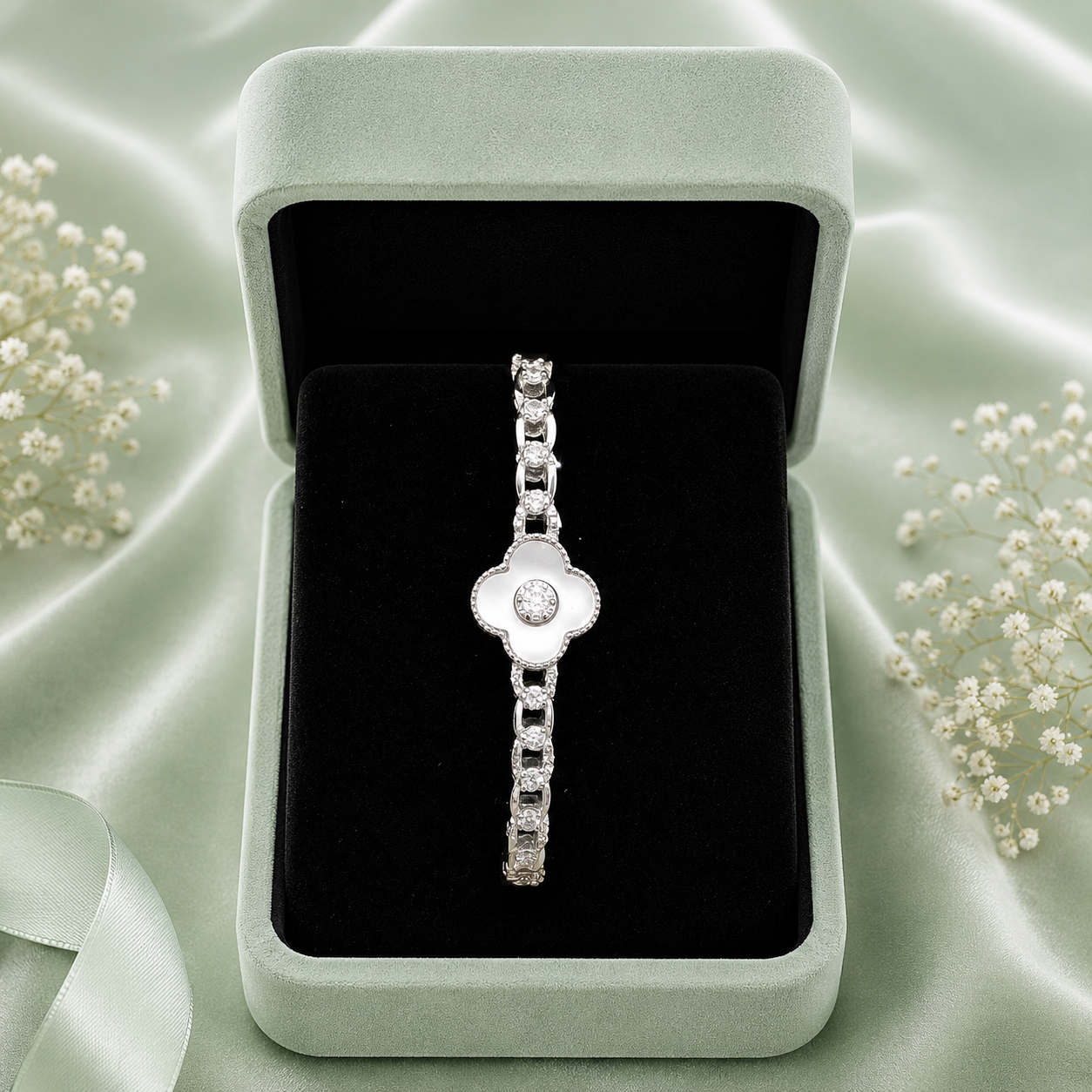 Pure 925 Sterling Silver Clover Bracelet for Women – Elegant White Enamel Designer Bracelet SBR2831