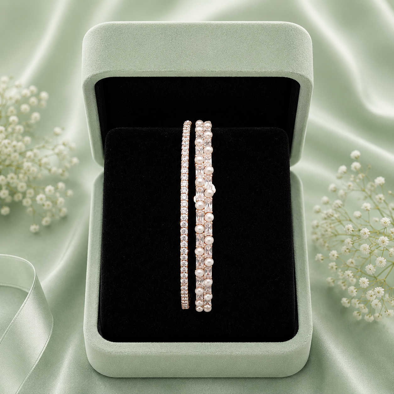 Pure 925 Sterling Silver Pearl & Zircon Bracelet Set for Women – Elegant Rose Gold Designer Bangles SBR2626