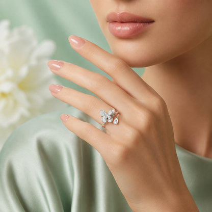925 Pure Silver Butterfly Bloom Adjustable Ring for Women | Elegant Floral CZ & Mother of Pearl Design. IRM4072