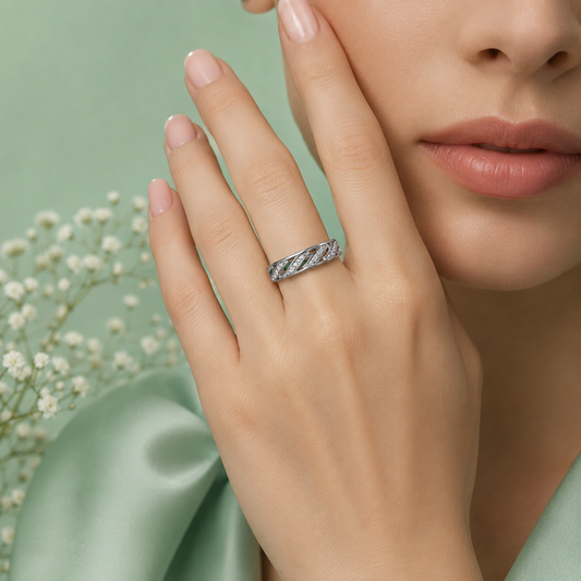 925 Sterling Silver Green Enamel CZ Wave Band Ring for Women | Elegant Designer Silver Ring IRM3888