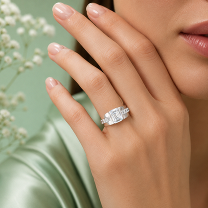 925 Pure Sterling Silver Emerald-Cut Solitaire Ring with Side Stones | Luxury Statement Ring for Men IRM3849