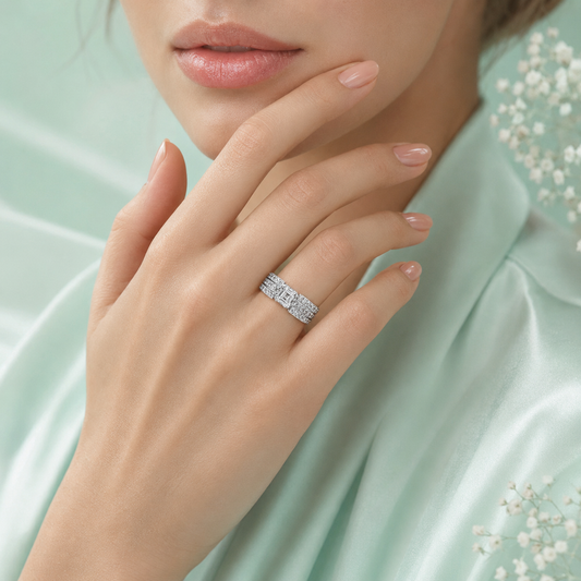 925 Pure Silver Emerald-Cut CZ Statement Ring for Women | Luxury Multi-Row Diamond Look Ring IRM3843