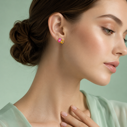 Radiant Duo Pink & Golden Gemstone Stud Earrings – Pure 925 Sterling Silver STB1767
