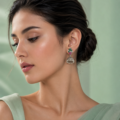 Emerald Bloom 925 Silver Jhumka Earrings – Handcrafted Elegance with Vibrant Gemstone Accents STB1400