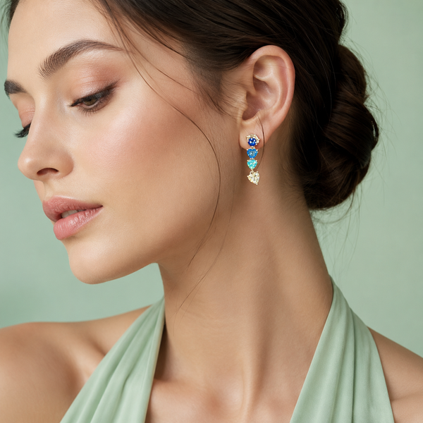Ocean Heart Cascade Earrings – Pure 925 Sterling Silver Blue Crystal Drop Earrings STB1643