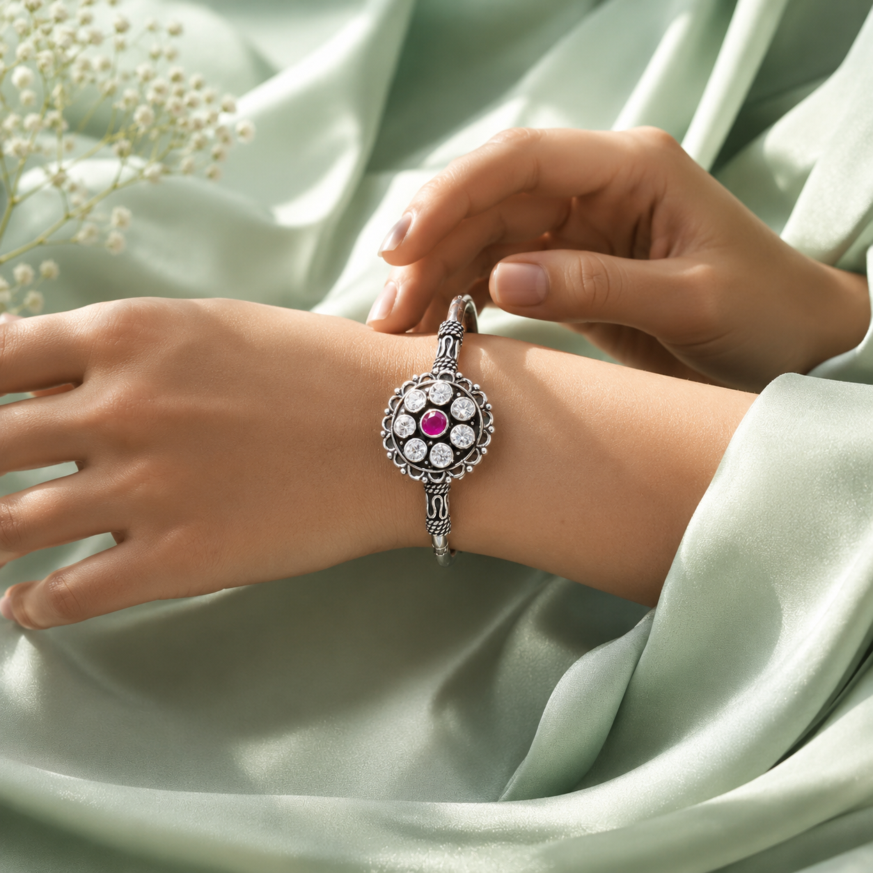 Traditional Ruby Stone 925 Sterling Silver Oxidized Bracelet for Women 2457