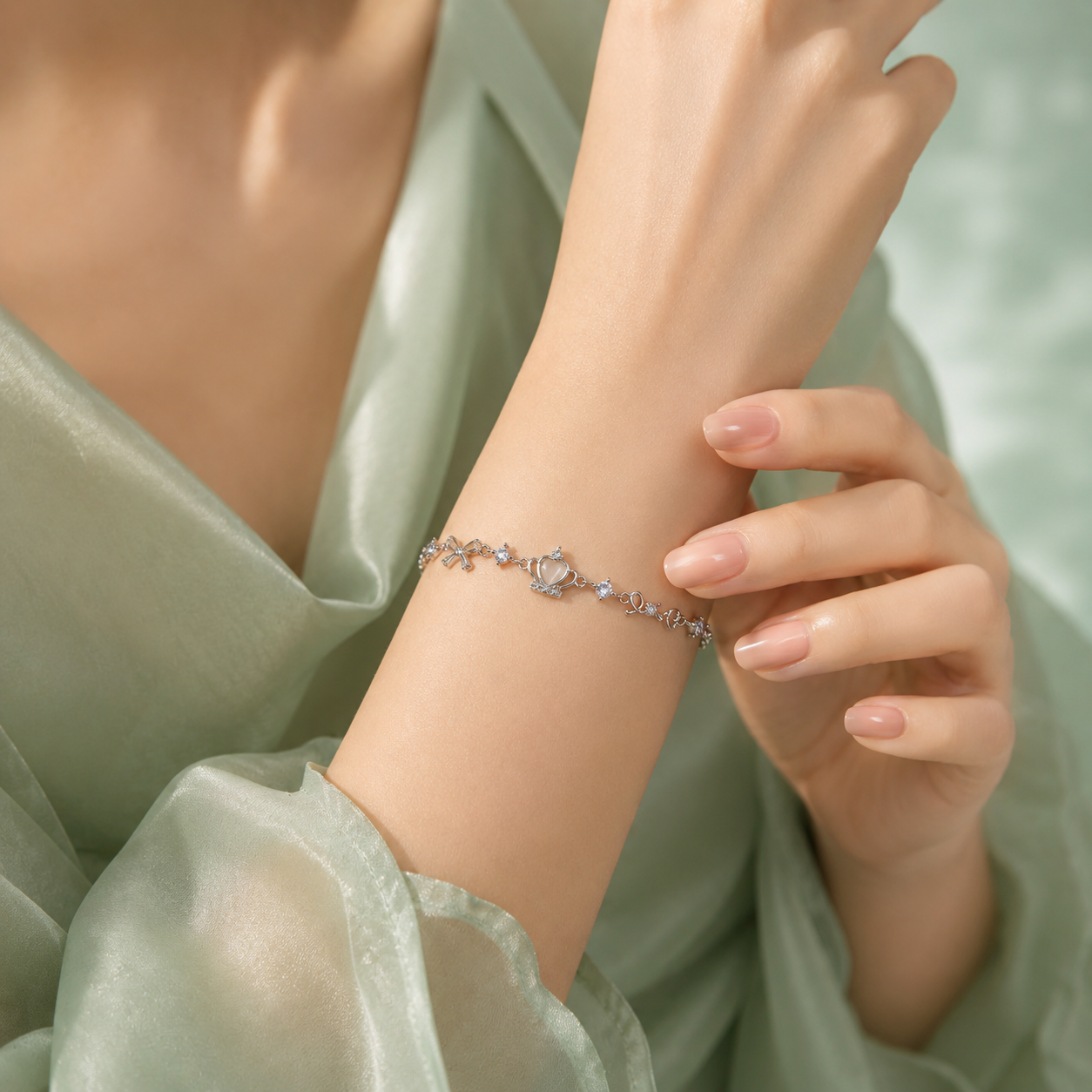 Royal Charm 925 Sterling Silver Bracelet with Crown & Bow Details  SBR2915