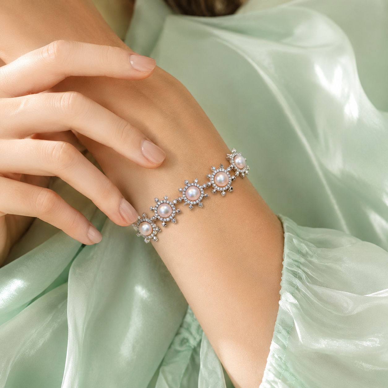 Pearl Floral Crystal Designer Bracelet in Silver Finish -