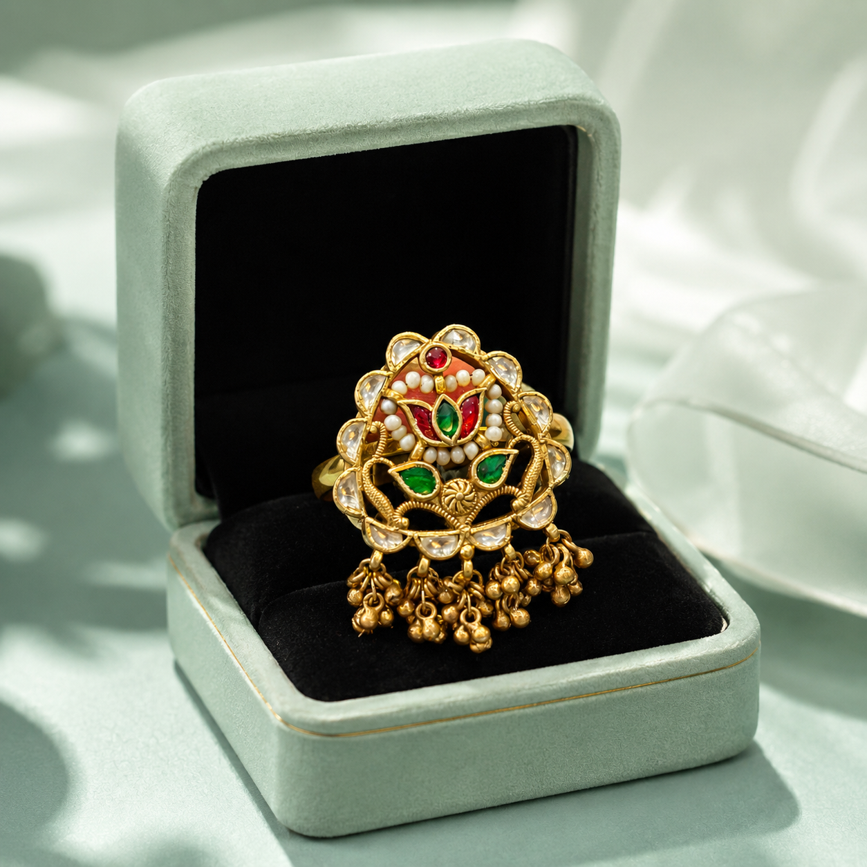 925 Pure Silver Traditional Lotus Kundan Ring with Pearl & Green-Red Stone Detailing IRM4259