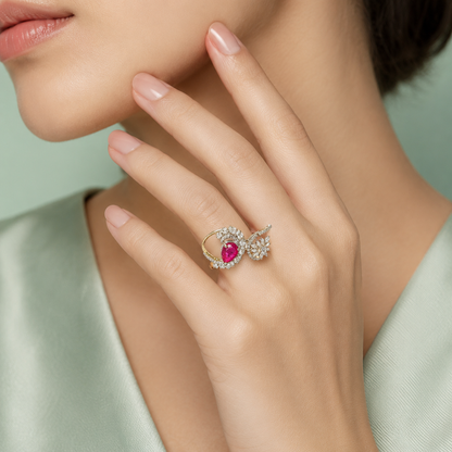 925 Sterling Silver Pink Pear-Cut Ruby Inspired Open Adjustable Ring for Women | Luxury Diamond Look Designer Ring IRM3810