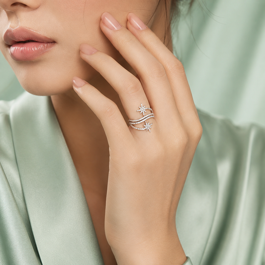 925 Pure Silver Celestial Star Open Ring for Women | Cubic Zirconia Adjustable Designer Ring IRM4249