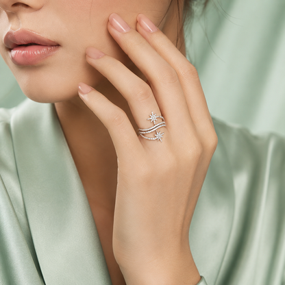 925 Pure Silver Celestial Star Open Ring for Women | Cubic Zirconia Adjustable Designer Ring IRM4249
