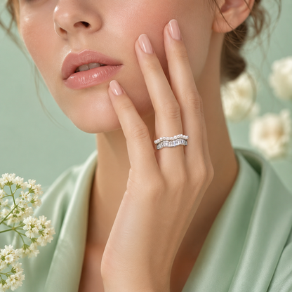 925 Pure Silver Pearl Wave Ring with Baguette Zircon Stones | Elegant Women's Adjustable Ring IRM4132