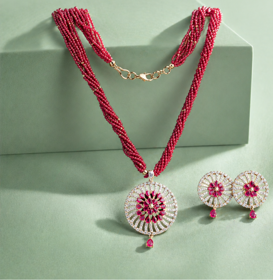 925 Silver Pink Beaded Necklace Set with Floral Statement Pendant SET796