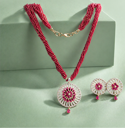 925 Silver Pink Beaded Necklace Set with Floral Statement Pendant SET796