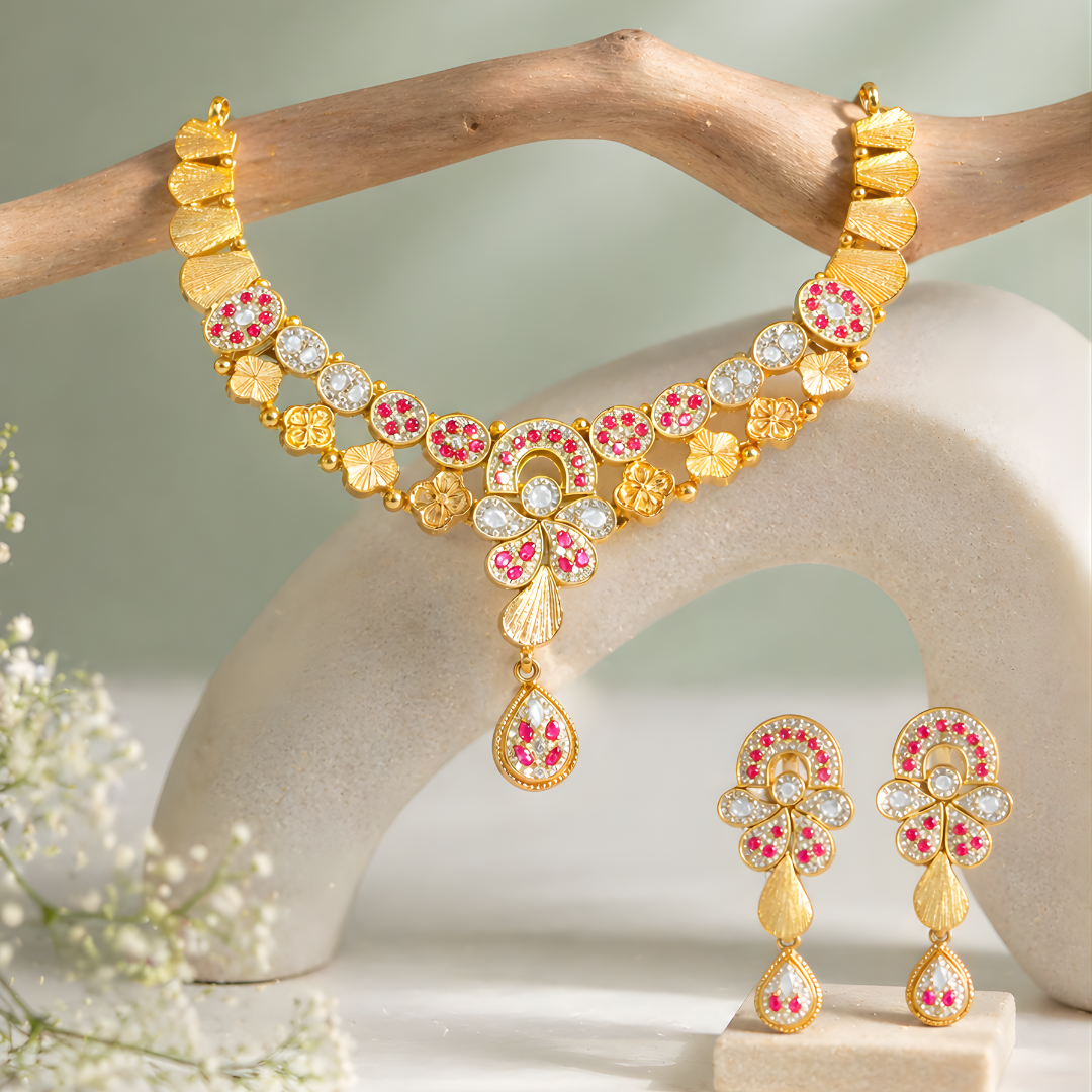 925 Silver Floral Ruby Stone Necklace Set with Earrings SET1001