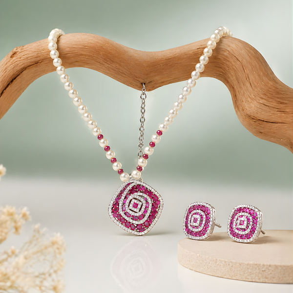 925 Silver Pearl & Ruby Geometric Pendant Necklace Set