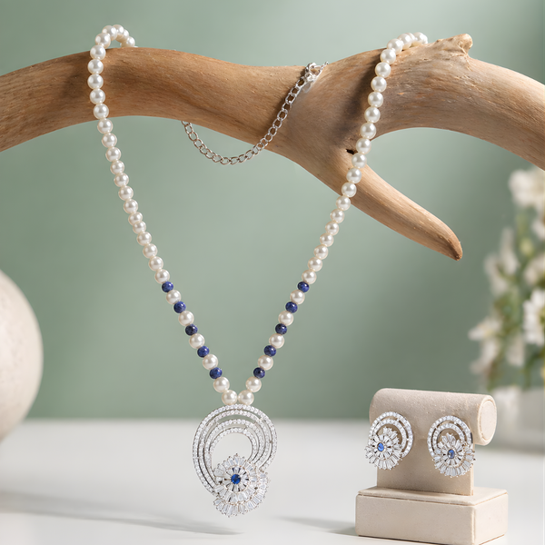 925 Silver Pearl & Blue Stone Pendant Necklace Set