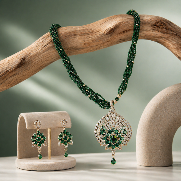 925 Silver Emerald Green Beaded Necklace Set with Statement Pendant