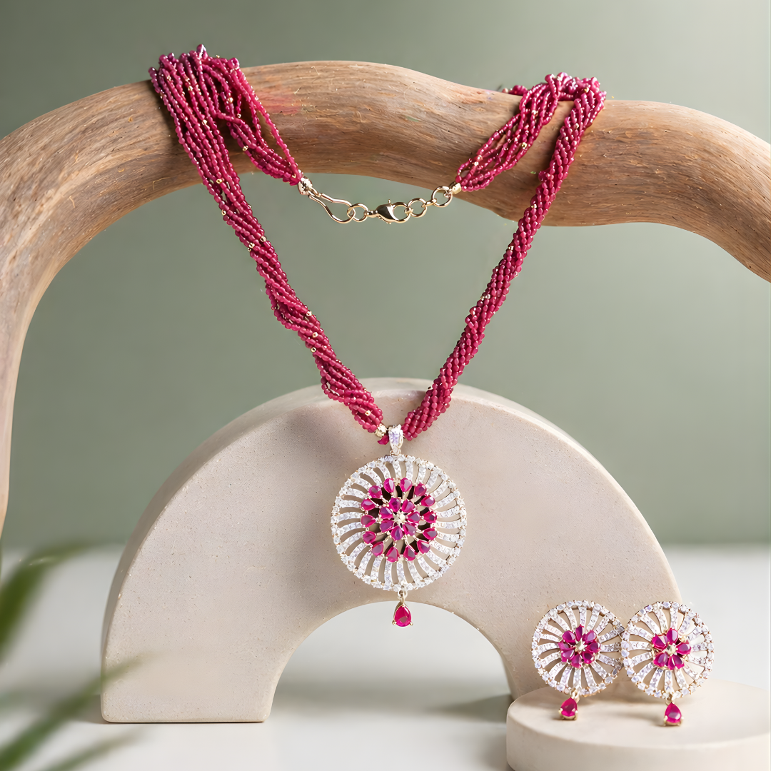 925 Silver Pink Beaded Necklace Set with Floral Statement Pendant SET796
