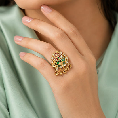 925 Pure Silver Traditional Lotus Kundan Ring with Pearl & Green-Red Stone Detailing IRM4259
