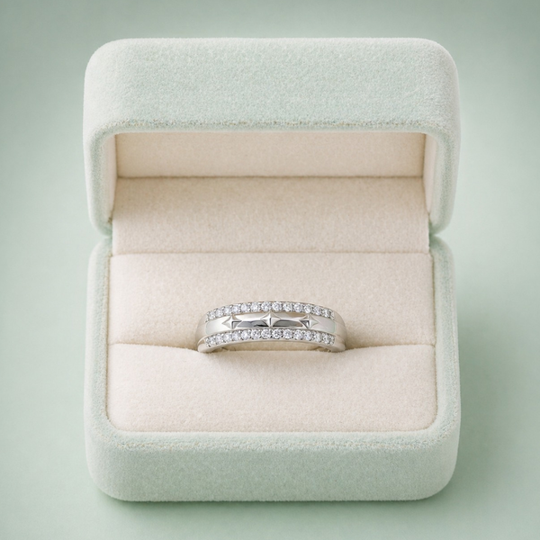 Premium Sterling Silver Dual Pavé Starburst Band Ring – Luxury Unisex Statement Wedding Ring IRM 3947