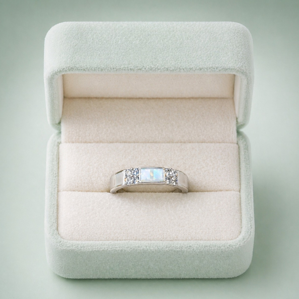 Premium Sterling Silver Opal & Pavé Crystal Band Ring – Luxury Minimalist Statement Ring IRM4195