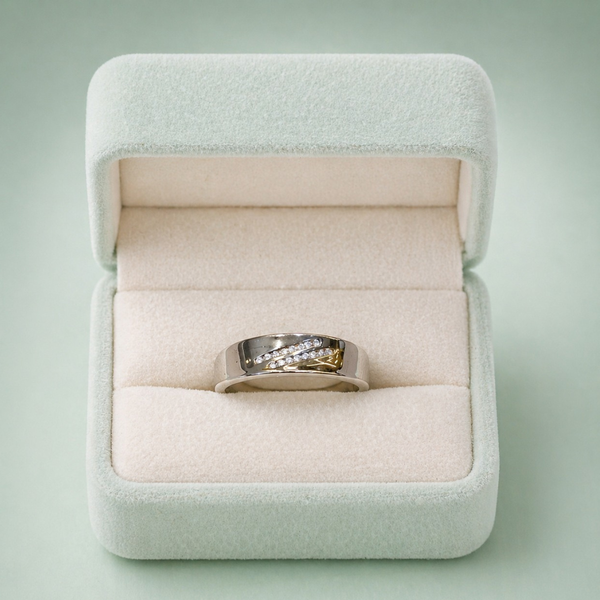 Premium Sterling Silver Two-Tone Crisscross Crystal Ring – Modern Luxury Statement Band IRM 4119