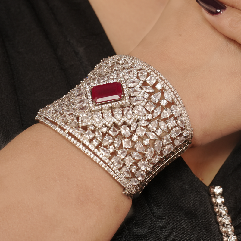 Cubic Zirconia Rhodium-Plated Kada Bracelet - Image 2