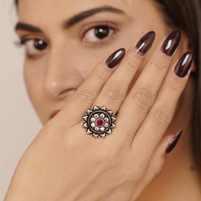 Ruby Crystal Gemstone Studded Floral Statement Ring - Image 2