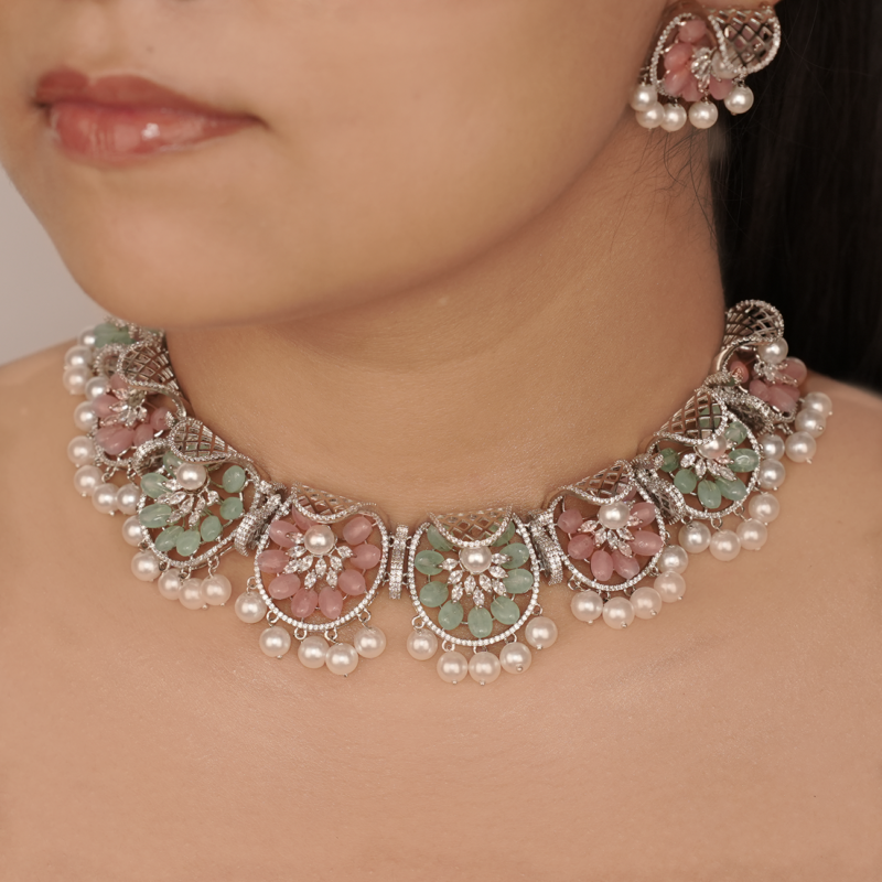 OOMPH Jewellery Mint Green & Pink Stone & Beads Ethnic Choker Necklace Set with Jhumka Earrings