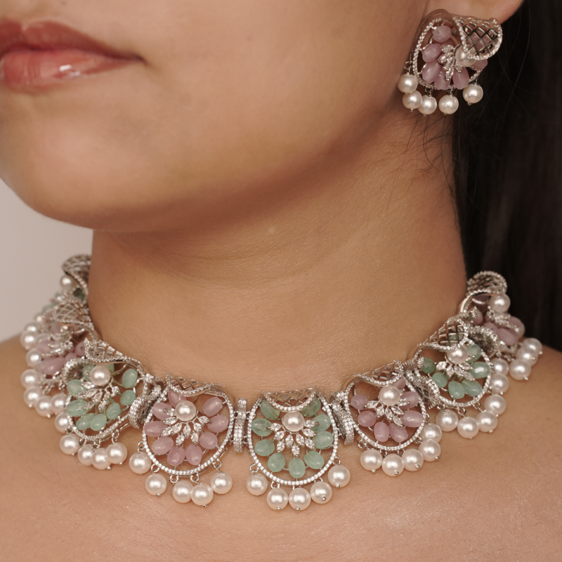 OOMPH Jewellery Mint Green & Pink Stone & Beads Ethnic Choker Necklace Set with Jhumka Earrings - Image 2