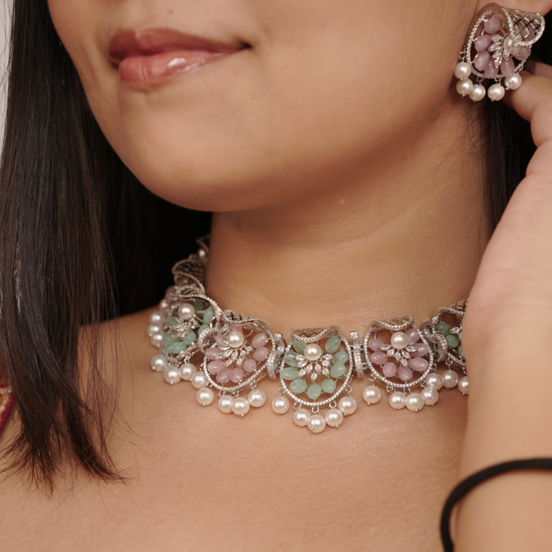 OOMPH Jewellery Mint Green & Pink Stone & Beads Ethnic Choker Necklace Set with Jhumka Earrings - Image 3