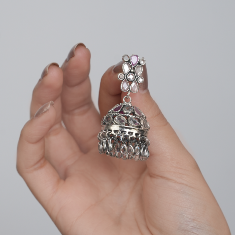 Silver Pink Contemporary Jhumka Earrings Tag - 766 - Image 2